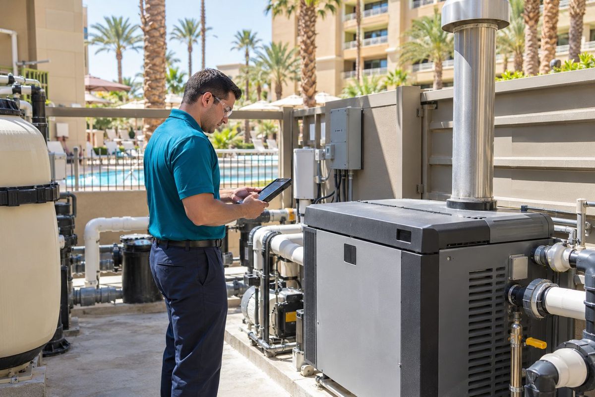 Technician inspecting a commercial pool heater and equipment pad at a Las Vegas resort