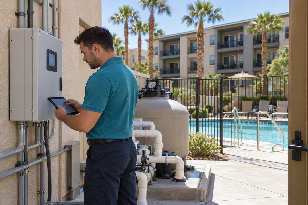 Technician programming a commercial pool chemical controller from a tablet outside the equipment room