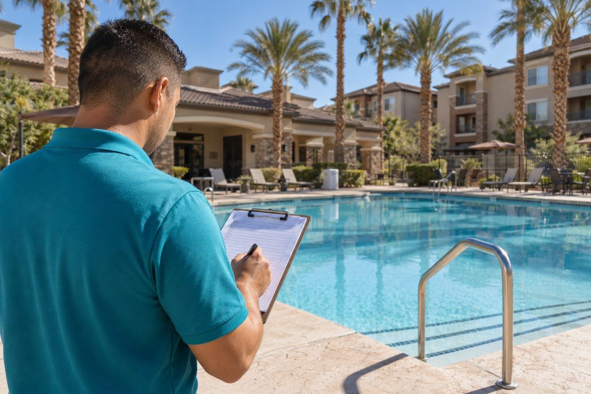 Technician recording SNHD water chemistry readings on a clipboard beside an HOA pool